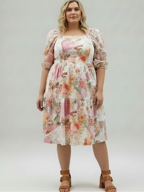 Vince Camuto Printed Cotton Square-Neck Puff-Sleeve Dress Size 22W NEW Feminine